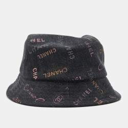 Pre Owned Chanel Black Denim Logo Print Cloche Bucket Hat M