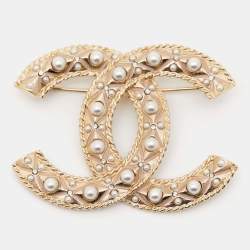 Chanel CC Faux Pearl Enamel Gold Tone Brooch Chanel