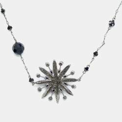 Pre Owned Chanel Crystal Flower & CC Gunmetal Tone Chain Necklace