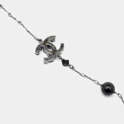 Pre Owned Chanel Crystal Flower & CC Gunmetal Tone Chain Necklace