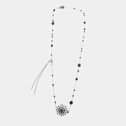 Pre Owned Chanel Crystal Flower & CC Gunmetal Tone Chain Necklace