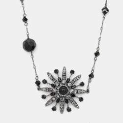 Pre Owned Chanel Crystal Flower & CC Gunmetal Tone Chain Necklace