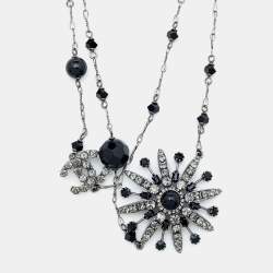 Pre Owned Chanel Crystal Flower & CC Gunmetal Tone Chain Necklace