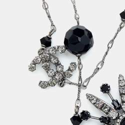 Pre Owned Chanel Crystal Flower & CC Gunmetal Tone Chain Necklace