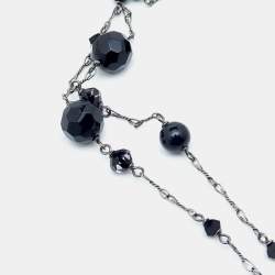 Pre Owned Chanel Crystal Flower & CC Gunmetal Tone Chain Necklace