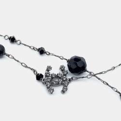 Pre Owned Chanel Crystal Flower & CC Gunmetal Tone Chain Necklace