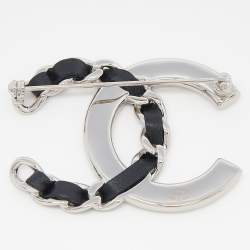 Pre Owned Chanel CC Crystal Leather Silver Tone Brooch