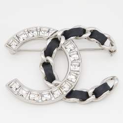 Pre Owned Chanel CC Crystal Leather Silver Tone Brooch