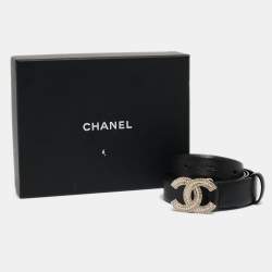 Chanel Black Leather CC Embellished Buckle Belt 90 CM
