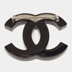 Pre Owned Chanel CC Black Resin Crystal Silver Tone Brooch