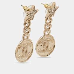 Pre Owned Chanel CC Strass Crystal Gold Tone Earrings