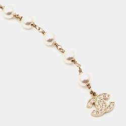 Chanel CC Faux Pearl Crystal Gold Tone Necklace