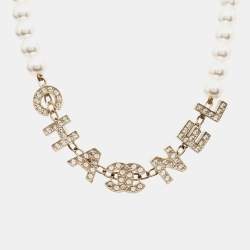 Chanel CC Faux Pearl Crystal Gold Tone Necklace