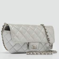Chanel Silver Iridescent Caviar Quilted Leather Glassed Case with Chain 