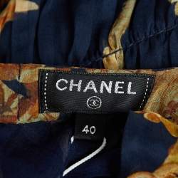 Pre Owned Chanel Navy Blue Floral Print Silk Button Detail Mini Dress M