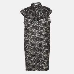 Chanel Black Floral Lace Ruffled High Neck Mini Dress L
