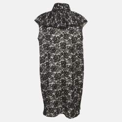 Chanel Black Floral Lace Ruffled High Neck Mini Dress L