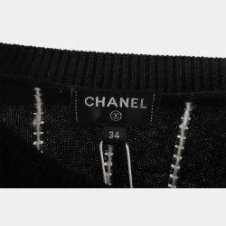Pre Owned Chanel Black Crew Neck Stripes Logo Sweater S