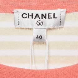 Chanel Beige/White Stripe Logo Jacquard Cotton Knit Tie-Up Top M