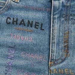 Chanel Blue Logo All Over Print Denim Jeans M Waist 27"
