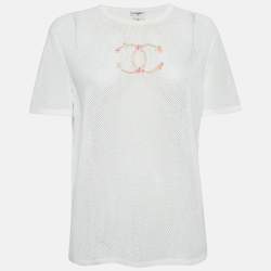 Chanel White CC Embroidered Mesh Sheer T-Shirt L