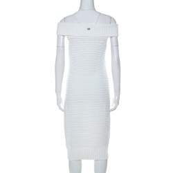 Chanel White Cotton Blend Rib Knit Off-Shoulder Fitted Dress L
