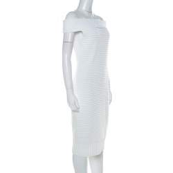 Chanel White Cotton Blend Rib Knit Off-Shoulder Fitted Dress L