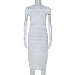Chanel White Cotton Blend Rib Knit Off-Shoulder Fitted Dress L