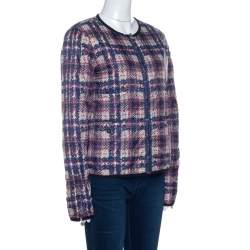 Chanel Multicolor Checked Tweed Print Technical Fabric Reversible Jacket M 
