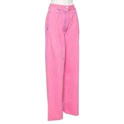 Pre Owned Chanel Neon Pink Denim High Waisted Wide Leg Jeans S