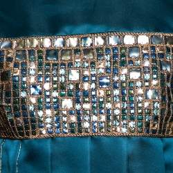 Pre Owned Chanel Teal Blue Pleated Satin Sequin Embellished Sleeve Dress M