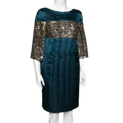 Pre Owned Chanel Teal Blue Pleated Satin Sequin Embellished Sleeve Dress M