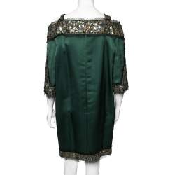 مملوكة مسبقًا Chanel Green Silk Crystal Embellished and Lace Trims Dress M