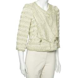 Pre Owned Chanel Green Polka Dotted Overlay Tweed Button Front Blazer M