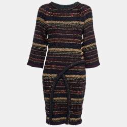 Pre Owned Chanel Multicolor Striped Lurex Knit Wool Button Detail Dress M