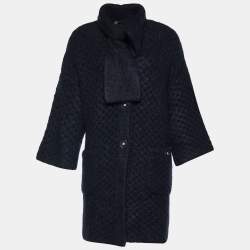 Chanel Navy Blue Cashmere & Silk Chunky Knit Scarf Detail Coat M
