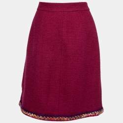 Chanel Burgundy Tweed Braid Trimmed Skirt L