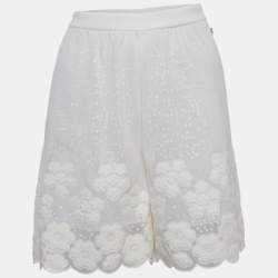 Chanel White Sequin Embroidered Mesh Scalloped Shorts L