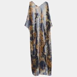 Chanel Navy Blue Floral Print Silk Open Front Coverup Kaftan S