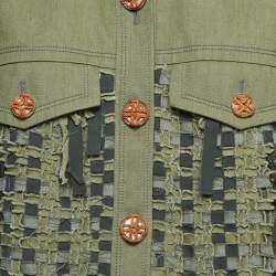 Pre Owned Chanel Green Gabardine Cuba Fringed Short Sleeve Jacket L 