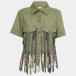 Pre Owned Chanel Green Gabardine Cuba Fringed Short Sleeve Jacket L 