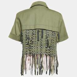 Pre Owned Chanel Green Gabardine Cuba Fringed Short Sleeve Jacket L 