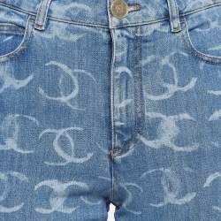 Pre Owned Chanel Blue CC Print Denim Embellished Jeans S Waist 28"