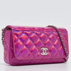 Chanel Pink Iridescent Quilted Patent Leather CC Chain Clutch