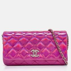 Chanel Pink Iridescent Quilted Patent Leather CC Chain Clutch