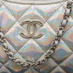 Chanel Silver Iridescent Quilted Patent Leather CC Chain Clutch