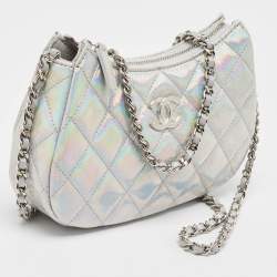 Chanel Silver Iridescent Quilted Patent Leather CC Chain Clutch