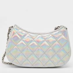 Chanel Silver Iridescent Quilted Patent Leather CC Chain Clutch