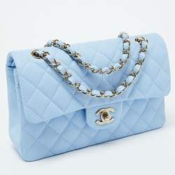 Pre Owned Chanel Blue Quilted Caviar Leather Small Classic Double Flap Bag