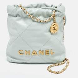 Pre Owned Chanel Light Blue Quilted Leather Mini 22 Chain Bag